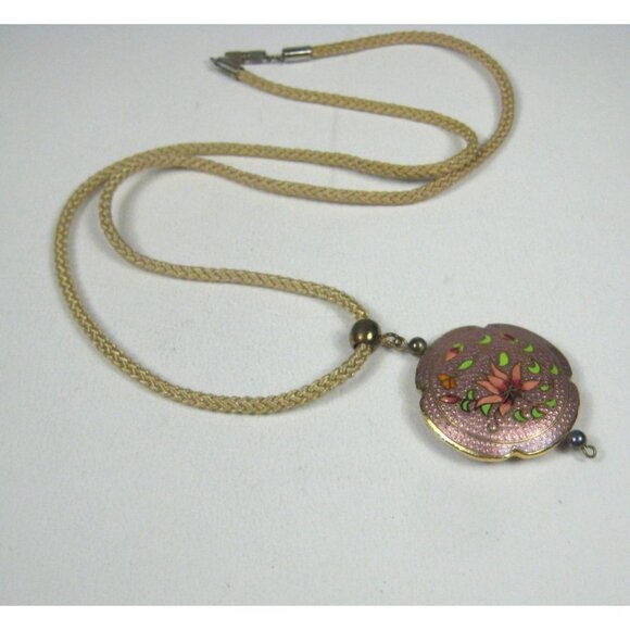 Vintage Lotus Floral Enamel Pendant Necklace 28 inch Goldtone Braided Cord - Picture 13 of 13